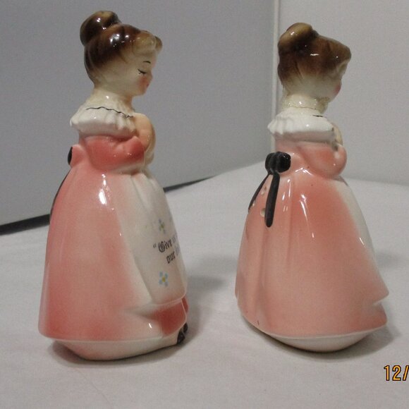 Vintage Enesco Praying Girls Ladies Salt & Pepper Pink Dresses. Give us This Day - Picture 3 of 11